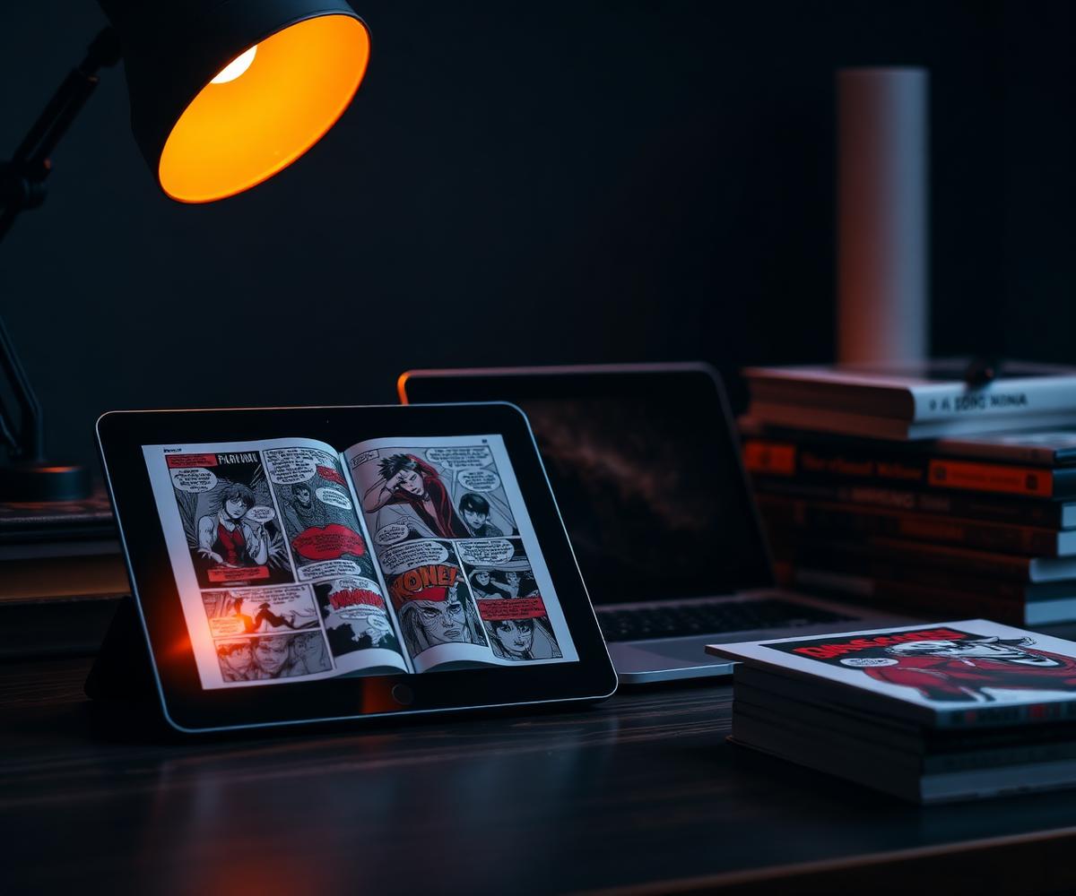 Coleção de quadrinhos digitais exibida em telas